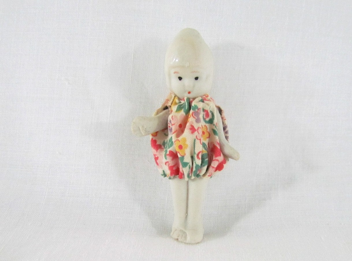 Miniature Porcelain Vintage Doll in Handmade Outfit