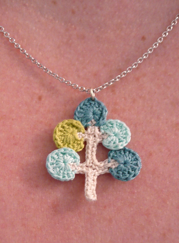 Crocheted Necklace - Mod Tree design - blues and green