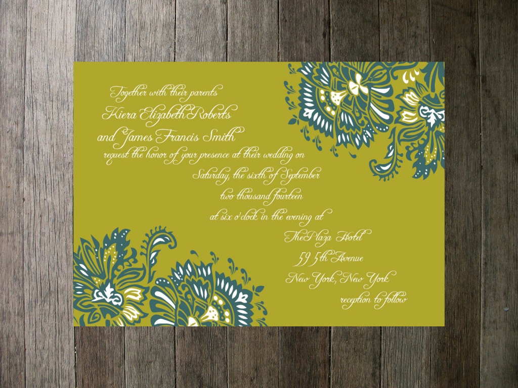 Printable Wedding Invitation - Vinage Ornate Blue and Yellow Flower Flourishes