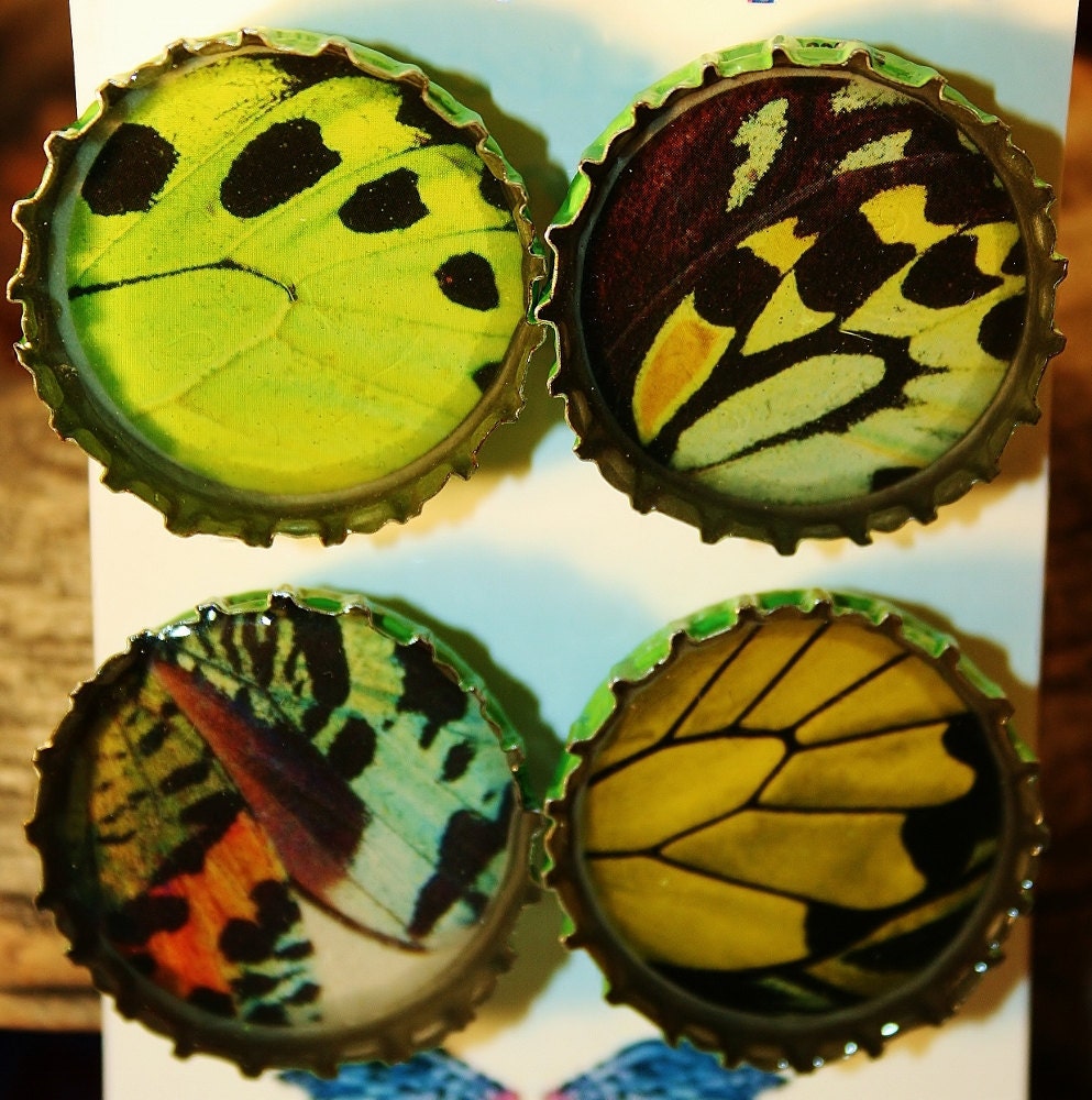 Green and Yellow Butterfly Wing Bottlecap Magnets - wildflowers12