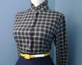 SALE Vintage 1980s Blue Plaid Ruffle Long Sleeve Button Down Blouse w High Collar