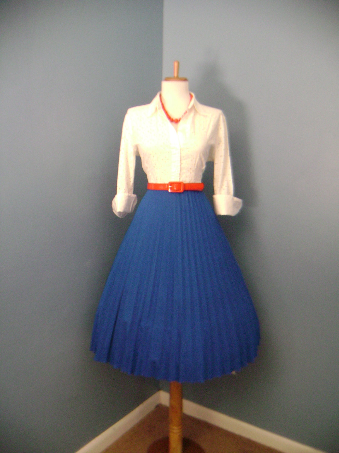VINTAGE 1960s 1980s Royal Blue Accordion Style Pleated Full Skirt