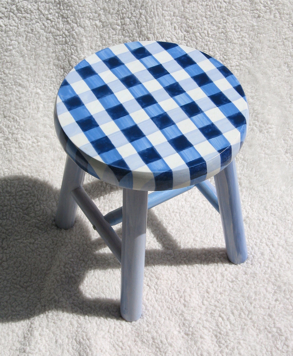BLUE GINGHAM STOOL childrens hand painted small stool