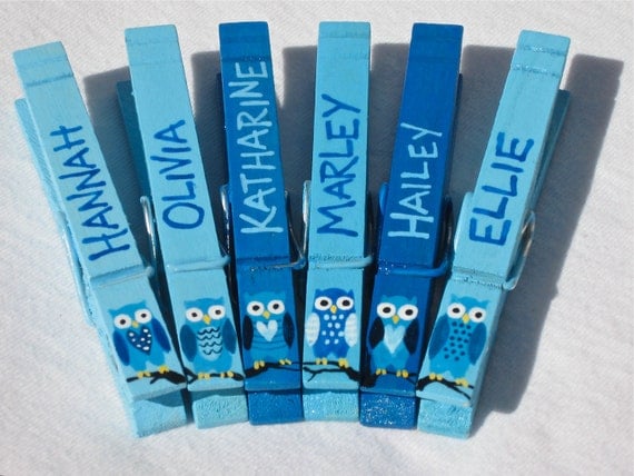 OWL PARTY FAVORS (6) personalized hand painted magnetic clothespins
