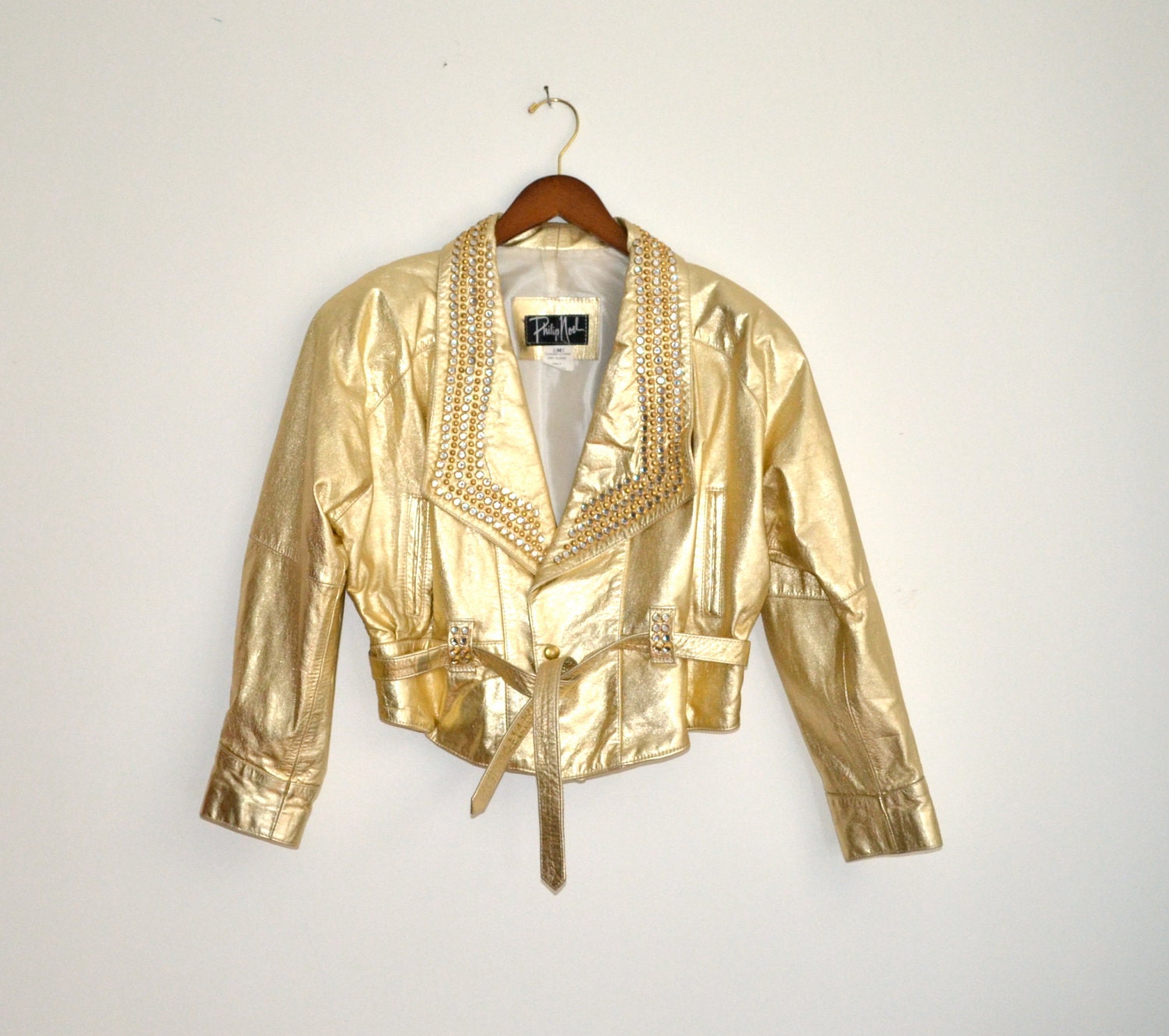 Amazing Vintage 80s Gold Leather Jacket with Rhinestones and Gold Studs, Size M