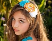 Chiffon Flower Headband Satin White Aqua Orange Elastic Headband Autumn Accessory Teen Adult