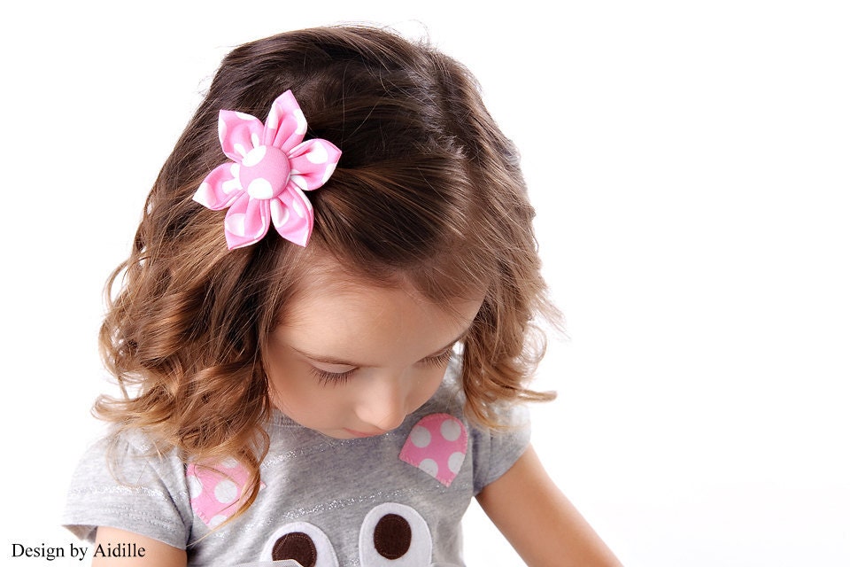 Pink Polka Dot Fabric Hair Bow on Alligator Clip