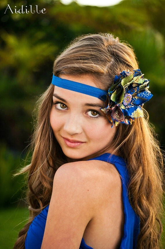 Brocade Sari Flower Headband Women Teen Tween on Blue Elastic Headband