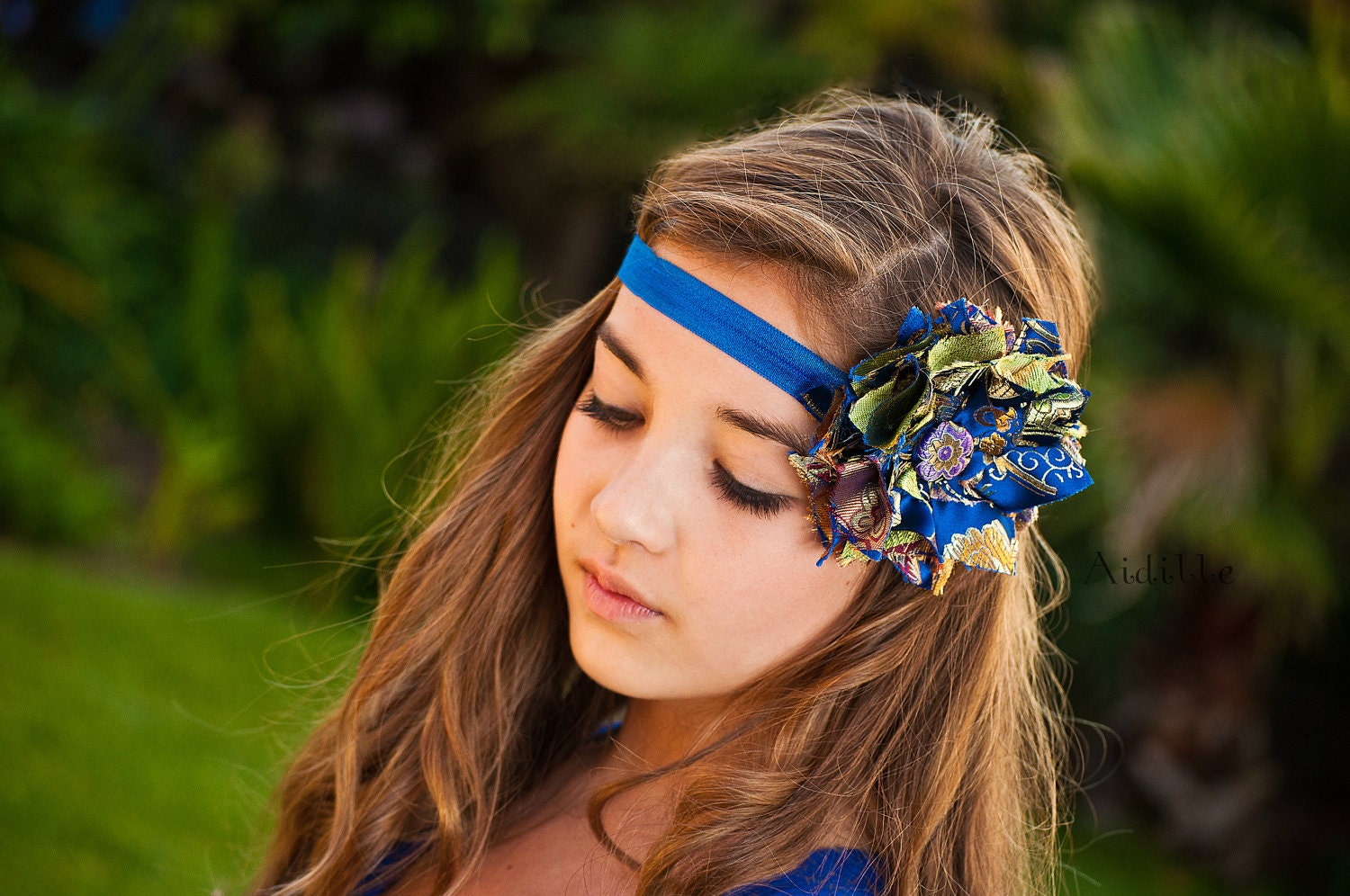 Brocade Sari Flower Headband Women Teen Tween on Blue Elastic Headband