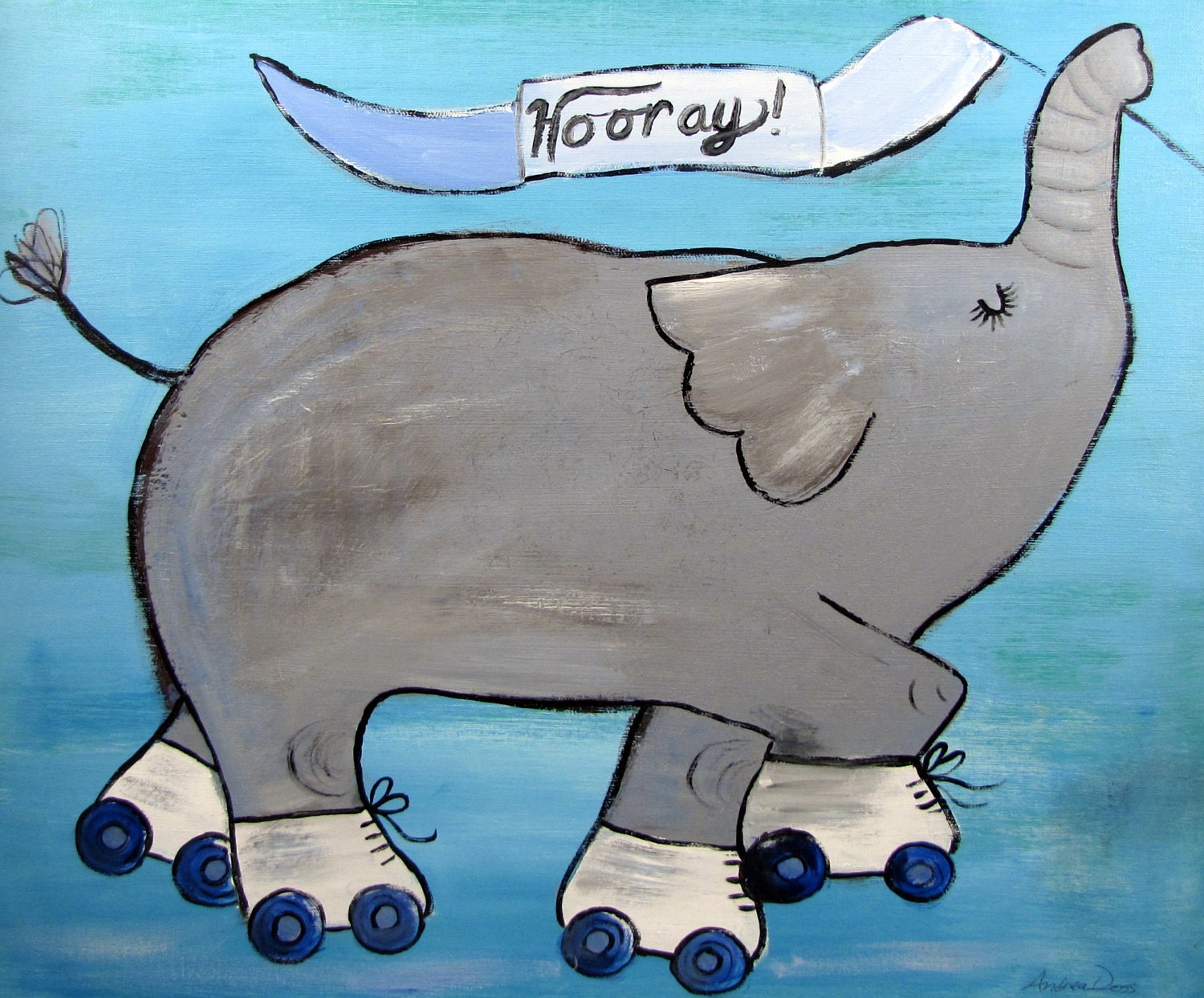 Nursery Decor, Whimsical Storybook Elephant, Roller Skates Celebration, Whimsical Children Canvas Art, Original Acrylic Painting