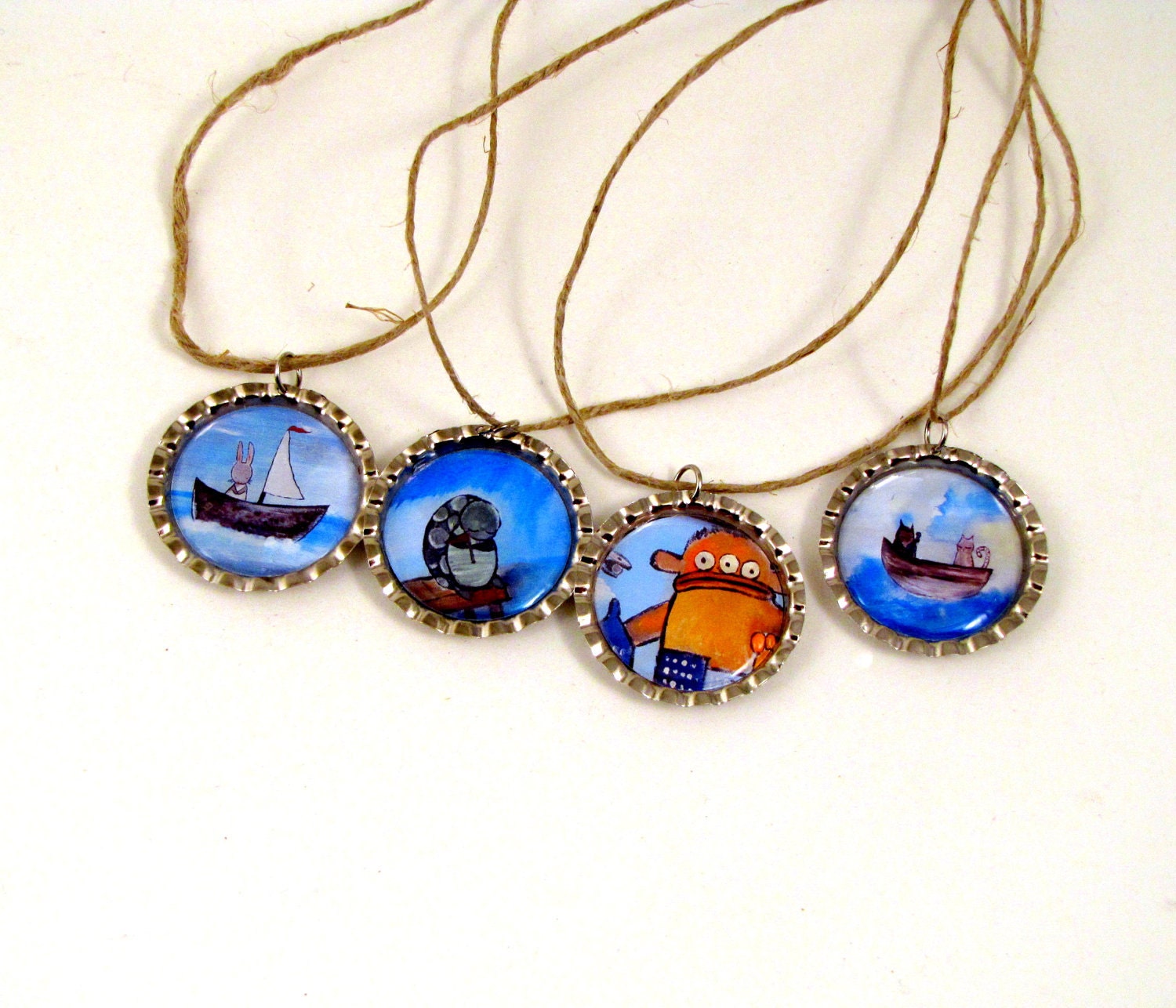 Art Jewelry, Bottle Cap Pendant Necklace, Whimsical Wearable Painting