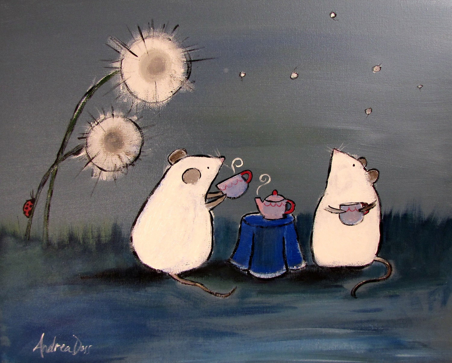 Nursery Art, Childrens Decor, Storybook Mouse Tea Party, Blue Dandelion Puffs, Original Acrylic Painting