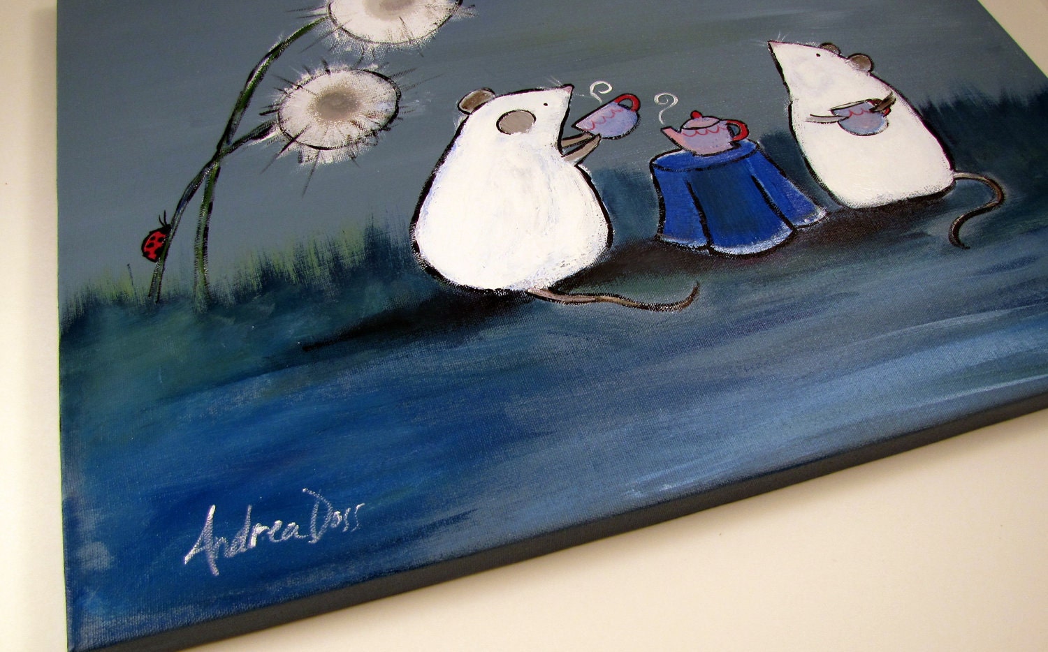 Nursery Art, Childrens Decor, Storybook Mouse Tea Party, Blue Dandelion Puffs, Original Acrylic Painting