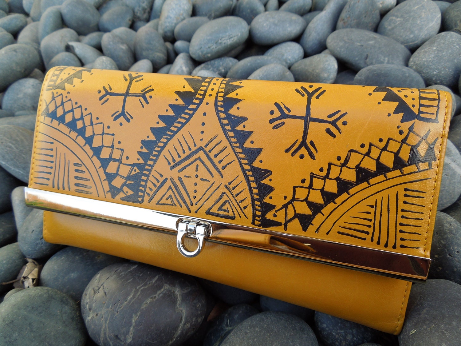 Mustard Yellow hand painted tribal wallet