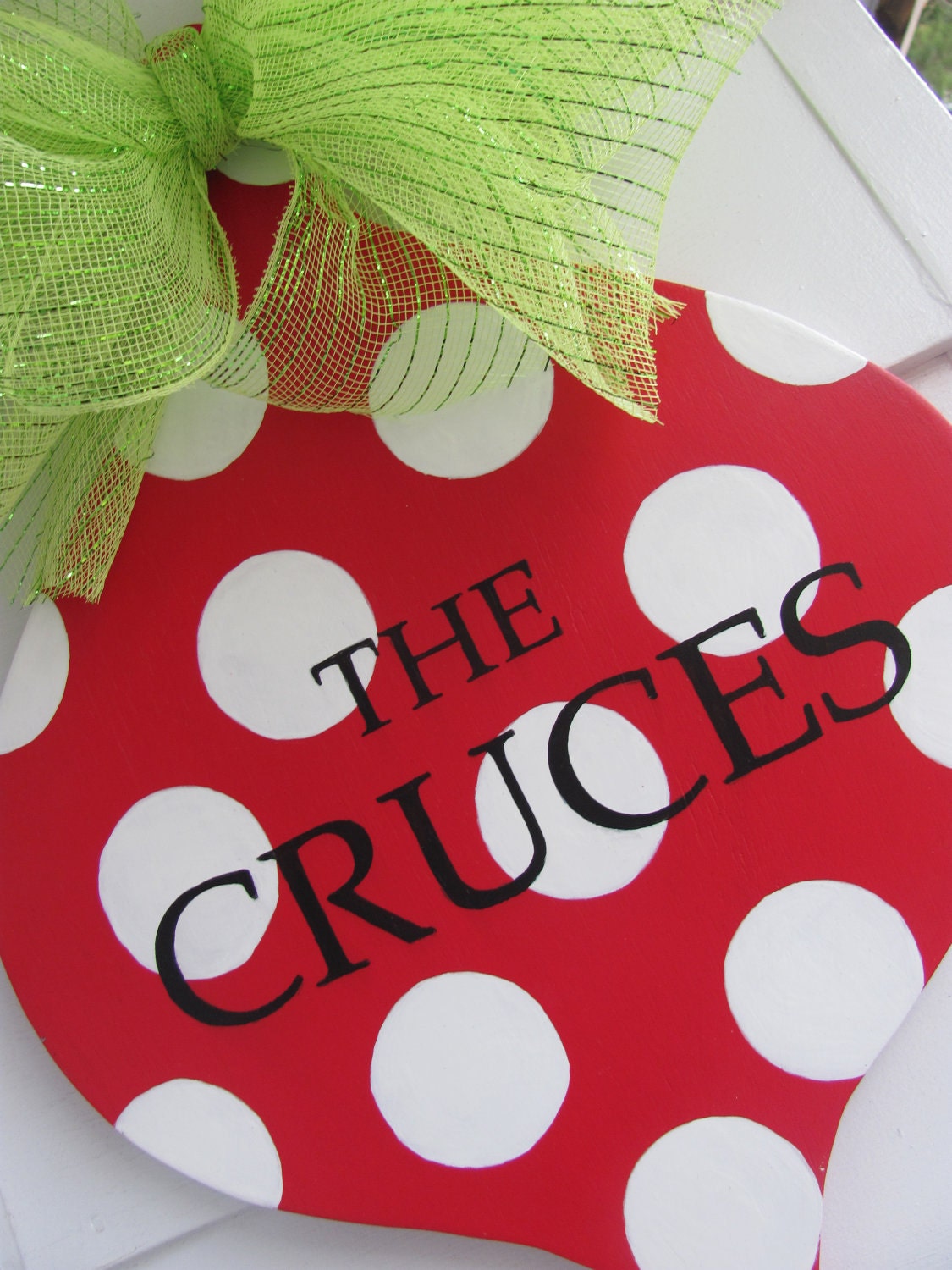 Christmas Door Decor Hand Painted Personalized Custom Wooden Whimsical Ornament Deco Mesh Ribbon