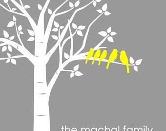 Personalized Custom Love Birds Family Tree - Anniversary or Housewarming Gift - Gift for Wife - 8"x10"(Yellow/Gray)