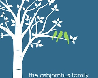 Cyber Monday Sale - Personalized Custom Family Tree - Christmas gift - Love Birds - 8x10 Print (Green/DarkBlue)
