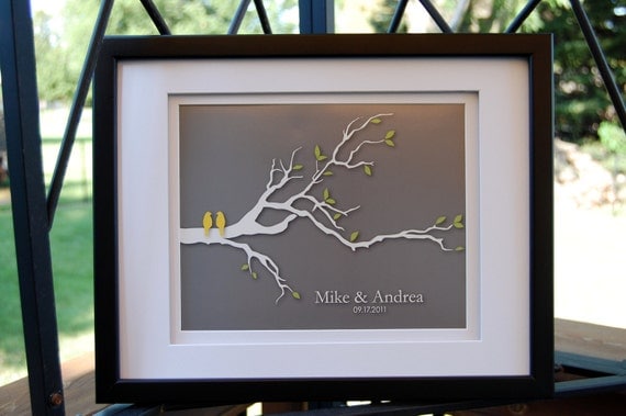 Personalized Custom Wedding Love Birds Tree Branch - Anniversary Gift - Family Tree Print - 8"x10" (yellow/gray)