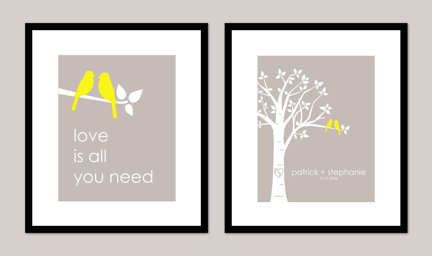 Personalized Custom Love Bird Wedding Family Tree - Birds on Branch - Love is All You Need - Set of 2 prints- 8x10s