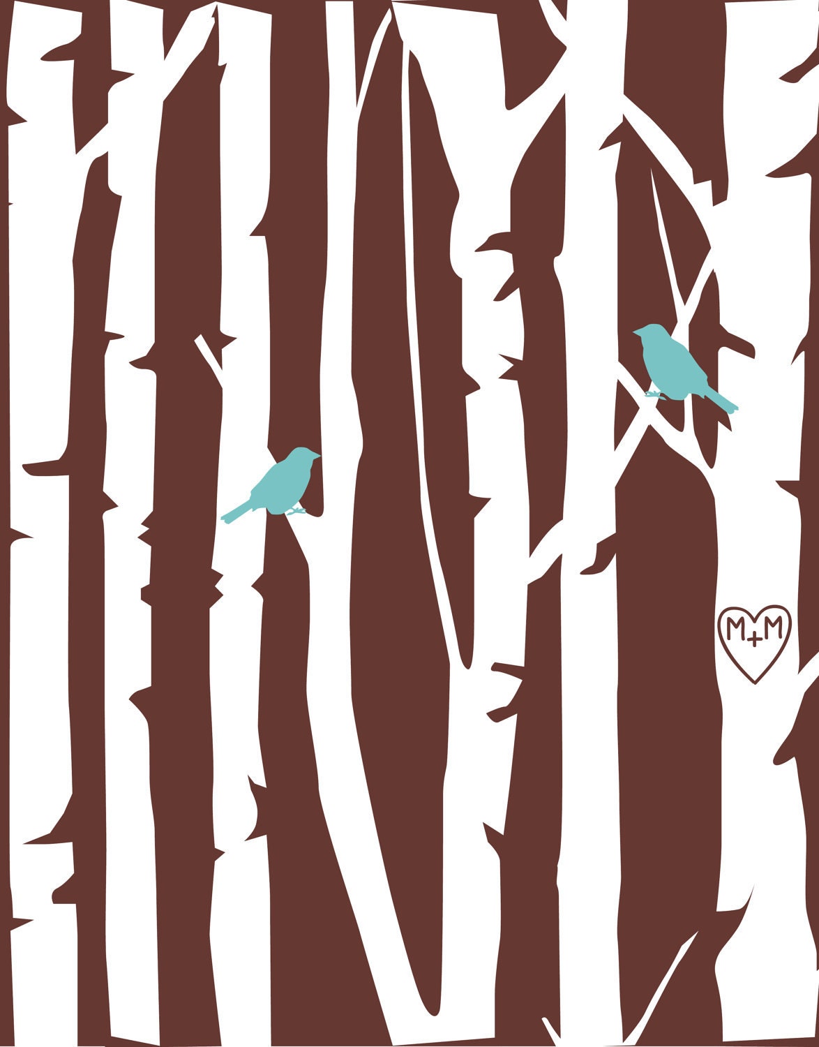 Birch Tree Love Bird Wedding Poster with Carved Initials - Anniversary Gift - Wedding Decor -16"x20"