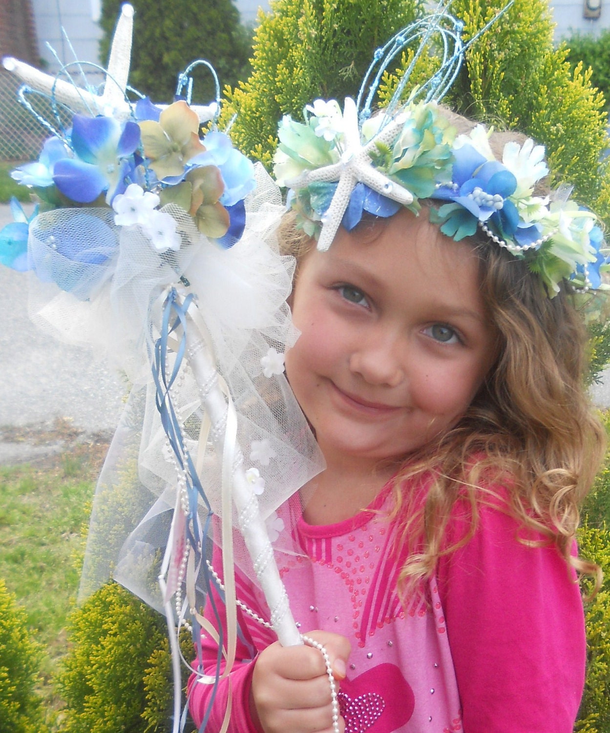 2pc Flower Girl Wand and Crown Wreath for your Beach Wedding  Seashore Wedding..Mermaid Princess