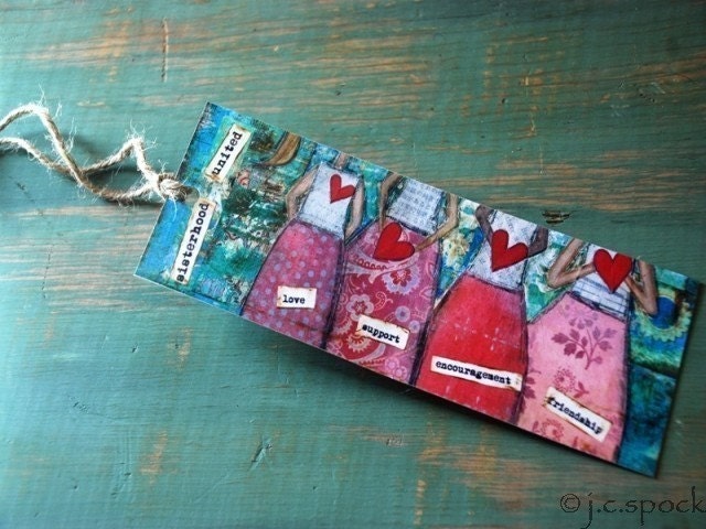 Art Bookmark: Sisterhood Girls - 7 x 2.5 - Inspirational Art, Mixed Media Art, Ovarian Cancer, Breast Cancer - 50 percent donated to FORCE