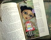Art Bookmark: Cupcake Girl 7" x 2.5" book mark, mixed media art, whimsical art, inspirational art, eco-friendly bookmark, recycled bookmark