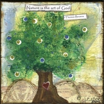 Mixed Media Art: Nature Tree - 5x5 print - Whimsical Art, Folk Art, Inspirational Art, Wall Art, Tree Art - green, blue, yellow