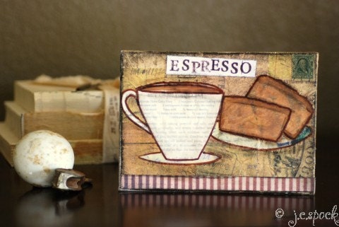 Original Art Painting: Espresso Sweet Treats - 5x7 Original Mixed Media Art, Vintage Inspired Art, Coffee Art, Folk Art,  tan, brown