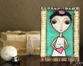 Original Art Painting: Thankful Princess Girl - 5x7 Original Mixed Media Art, Whimsical Art, Girl Art, Folk Art, Inspirational Art, aqua