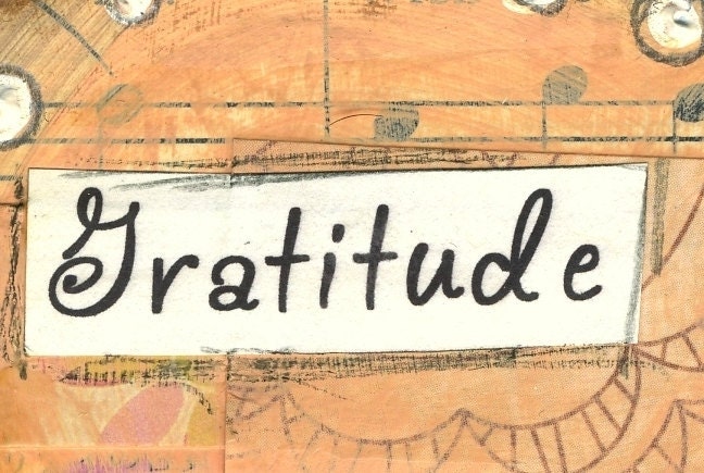 Mixed Media Art: Grateful Heart - 5x5 print - Whimsical Art, Folk Art, Inspirational Art, Wall Art, Heart Art - peach, plum