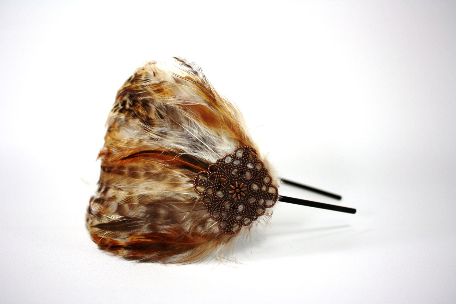 Feather Fascinator, Headband, Hair piece, Natural, Autumn, Fall, Warm Colors, Rust, Burnt Orange, Rustic, Bridal, Bridesmaid, Party