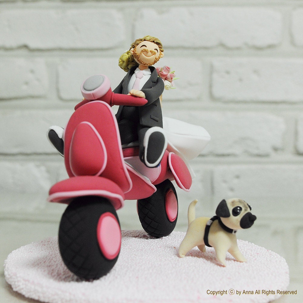 Couple on Bike, Vespa custom wedding cake topper gift Decoraton with a dog