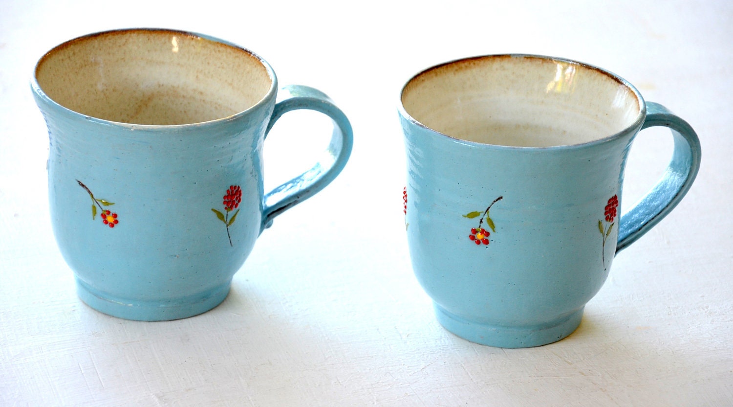 Two sky-blue mugs decorated with red flowers