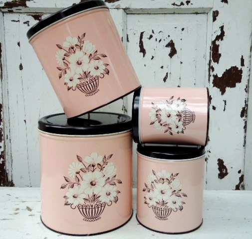 Vintage 50s Pink Metal Canisters
