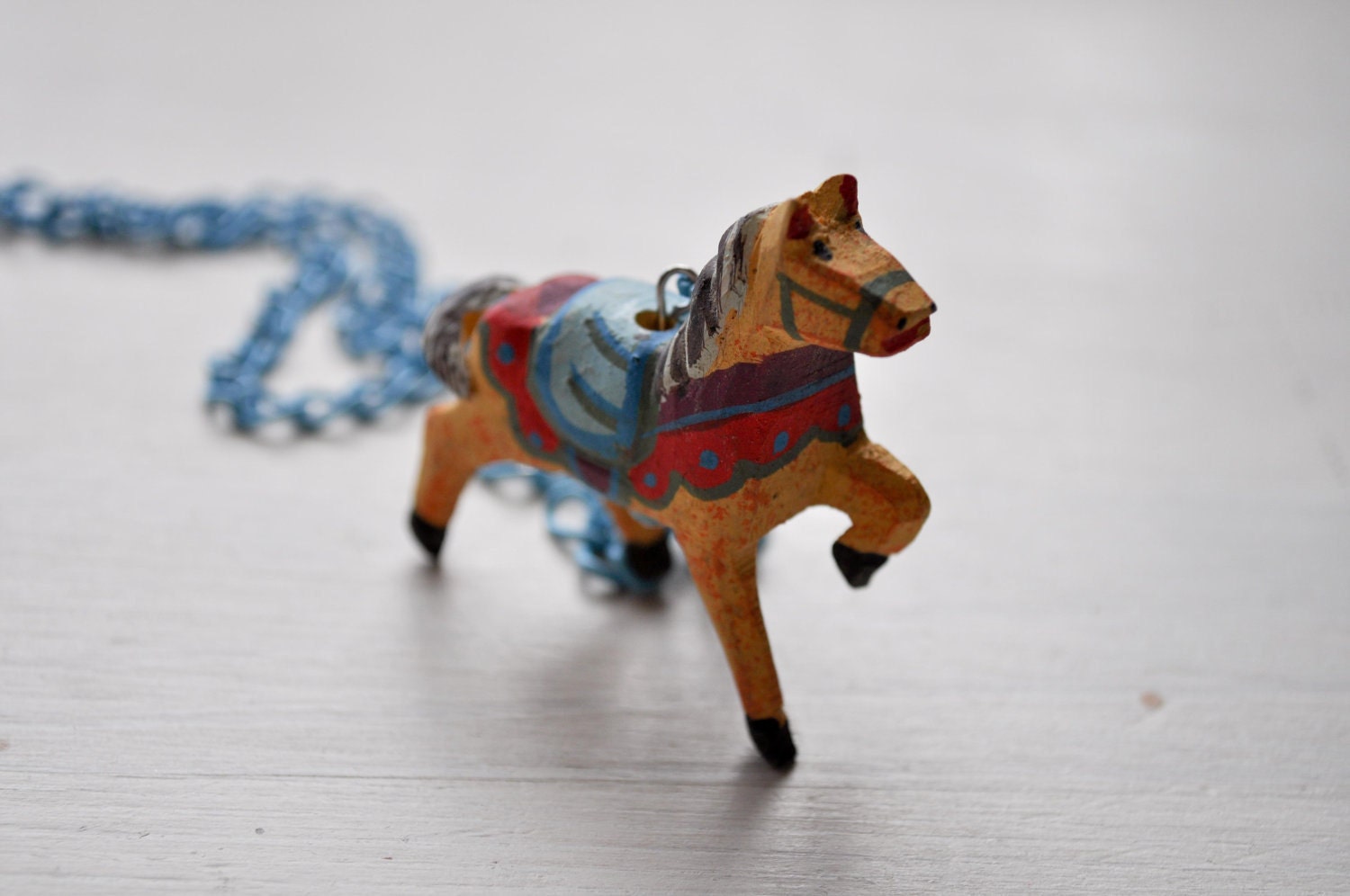 little horsey - long necklace (light blue chain with a wooden toy horse)