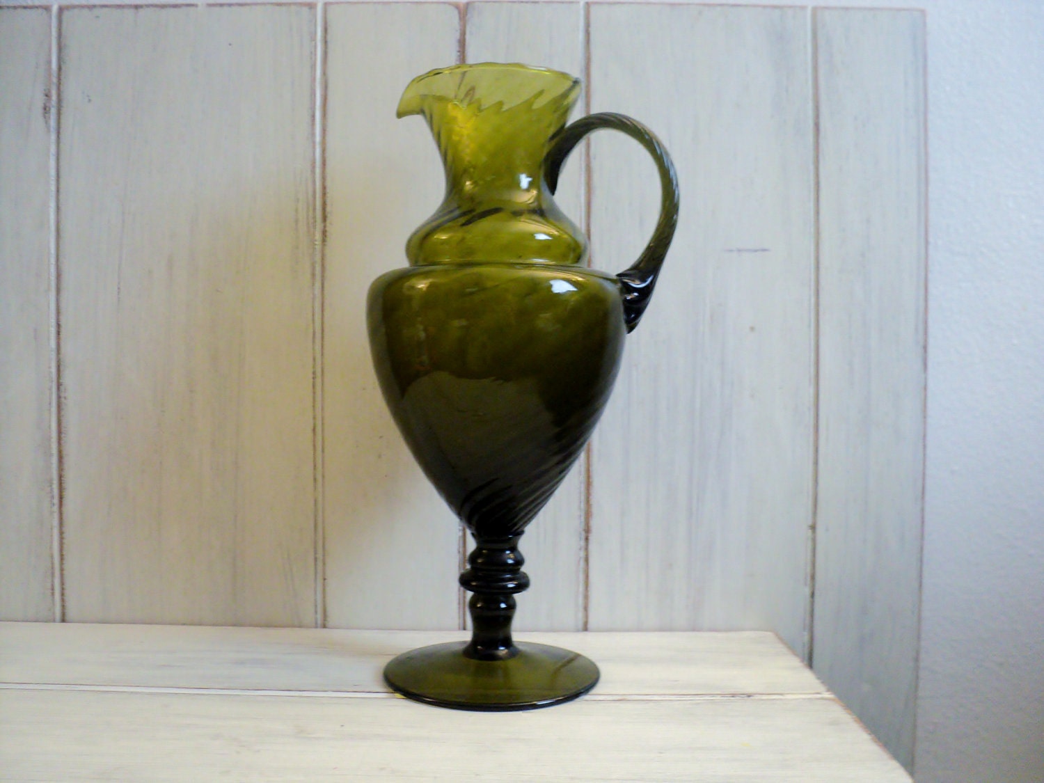 Midcentury modern vintage 12 inch tall italian art glass olive green pitcher ewer vase