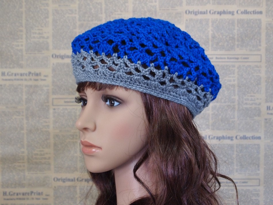 Hand Crocheted Hat - Lace Beret in Blue and Gray for Teen Girl and Adult Woman