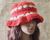 Hand Crocheted Hat - Lovely Red and Wheat Bucket Hat for Teen Girl and Adult Woman