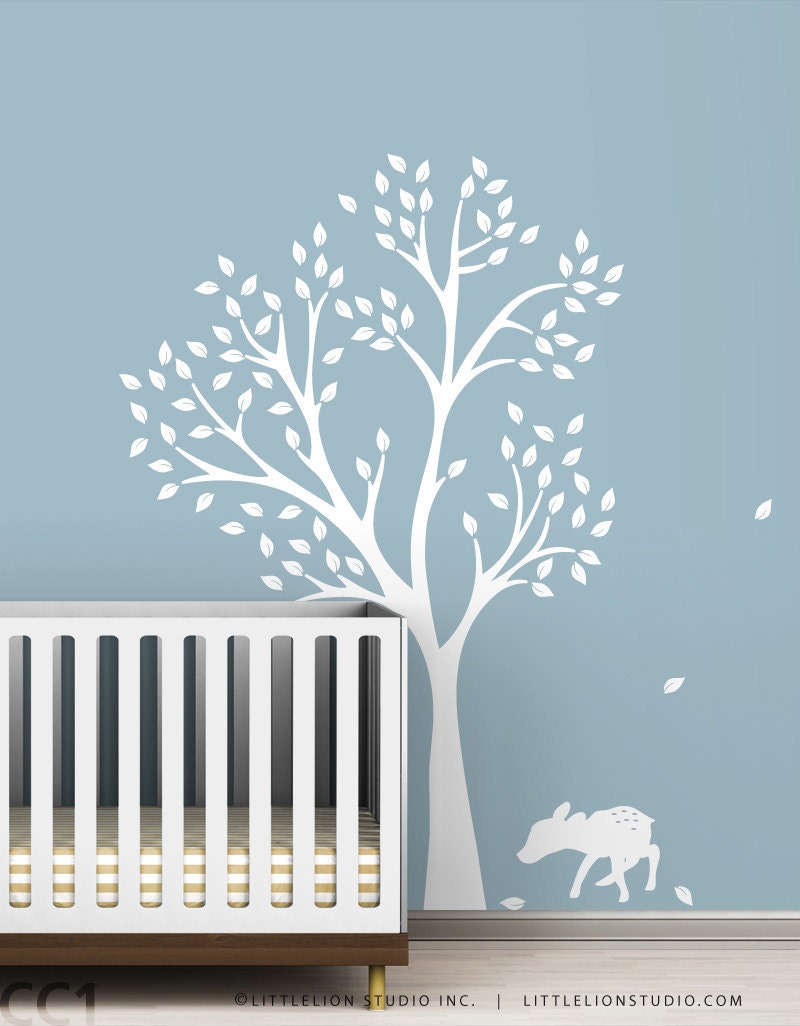 Monochromatic Fawn Tree Wall Decal - White Tree Decal - Classic Baby Room Decor