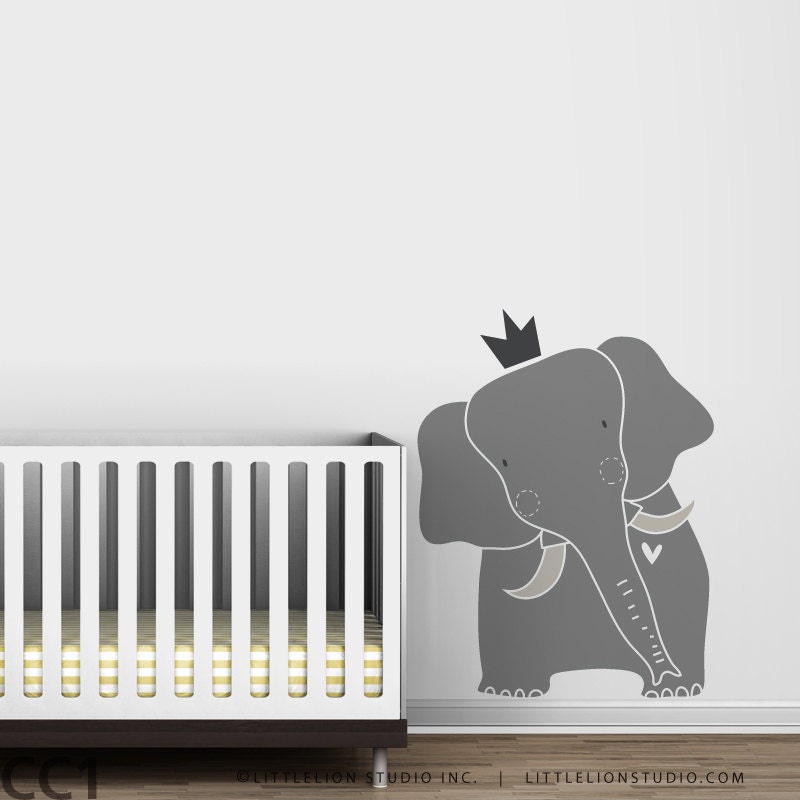 Baby Zoo King Elephant Wall Decal - Gray Elephant, Blue Elephant, White Elephant - Nursery Wall Decor