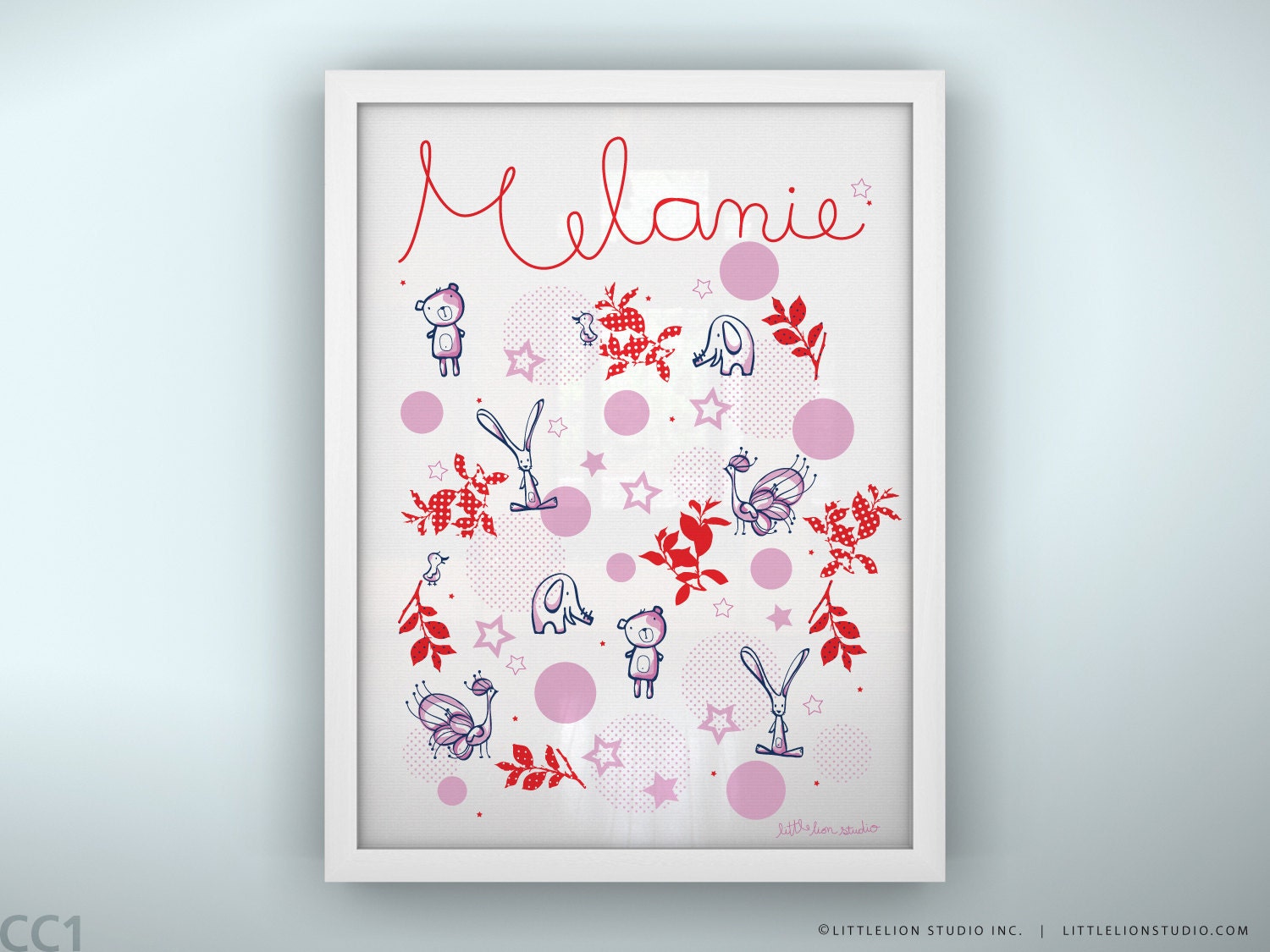 Personalized baby art print  bear bunny and dots pink girl print - Unframed 11 3/4  x 15 3/4" - Once Upon a Time