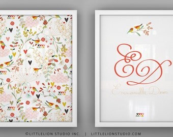 Birds print set wall art custom name monogram print birds and floral garden wall art - Unframed 11 3/4  x 15 3/4" - Spring Kimono