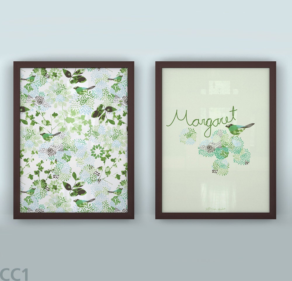 Baby wall art custom print set floral birds hand lettered green red gray - Unframed  11 3/4  x 15 3/4" - Mysteries