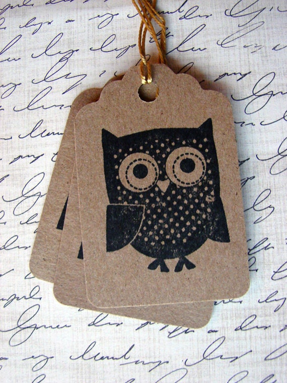 hand stamped owl kraft paper gift tags, set of ten handmade designs and vintage treasures by studio346