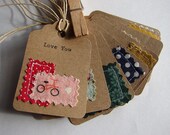 sewn fabric and hand typed kraft paper gift tags, love notes set of 8 handmade designs and vintage treasures by studio346