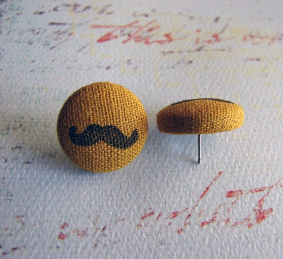 mustard yellow fabric button mustache earrings