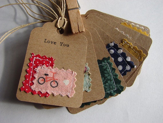 sewn fabric and hand typed kraft paper gift tags, love notes set of 8 handmade designs and vintage treasures by studio346