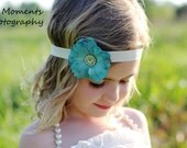 Teal Dogwood Blossom Headband with Gemstone Flower Center