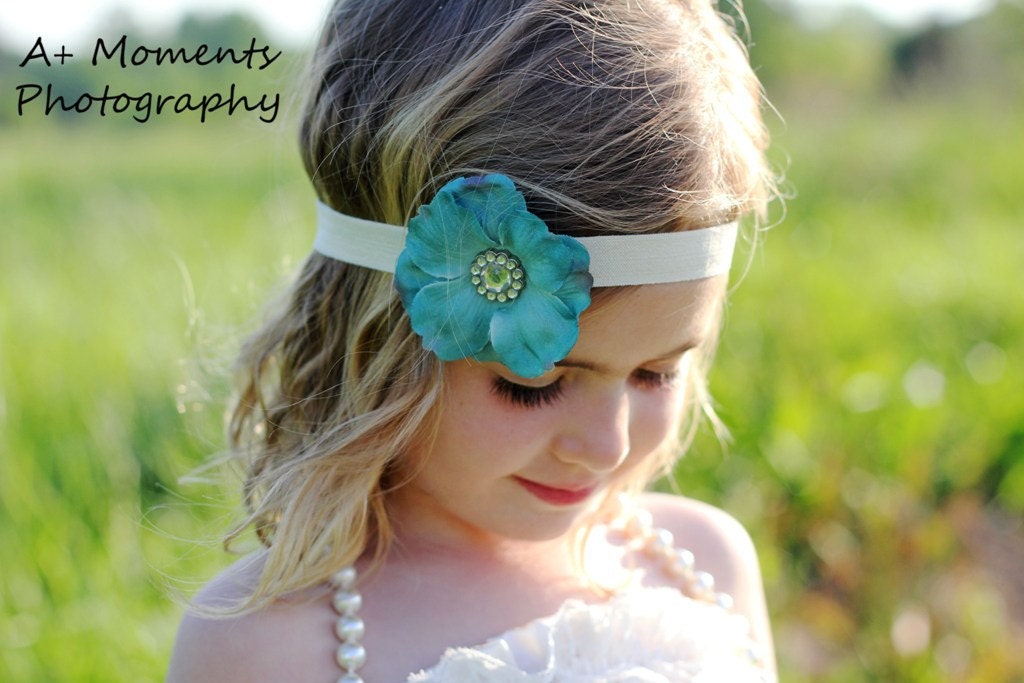 Teal Dogwood Blossom Headband with Gemstone Flower Center